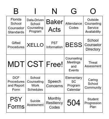 School Counseling Resource Manual Bingo Card