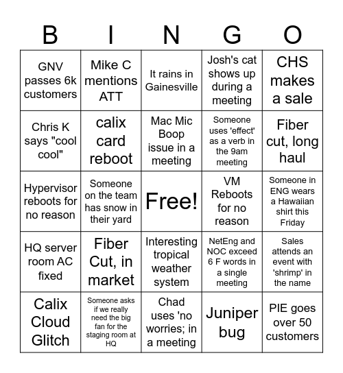 Network Outage Bingo Card
