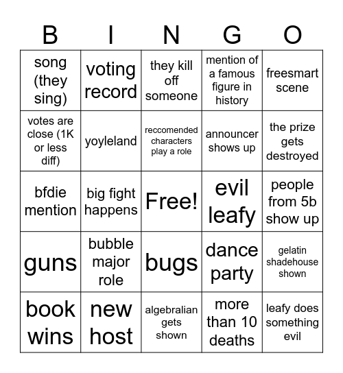 bfdia 25 Bingo Card