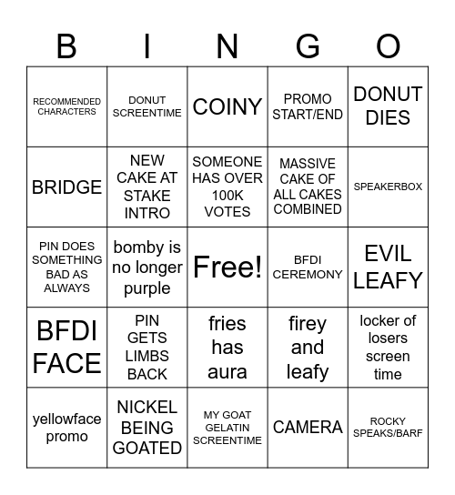 BFDIA 25 BINGO Card
