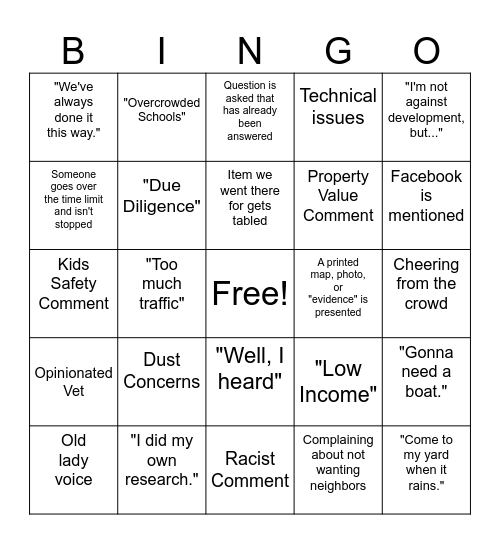 Public Meeting Bingo Card