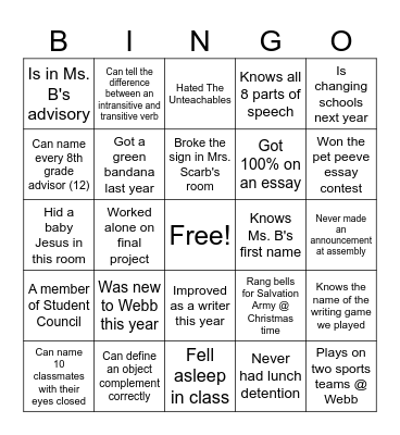 End of the Year Bingo Card