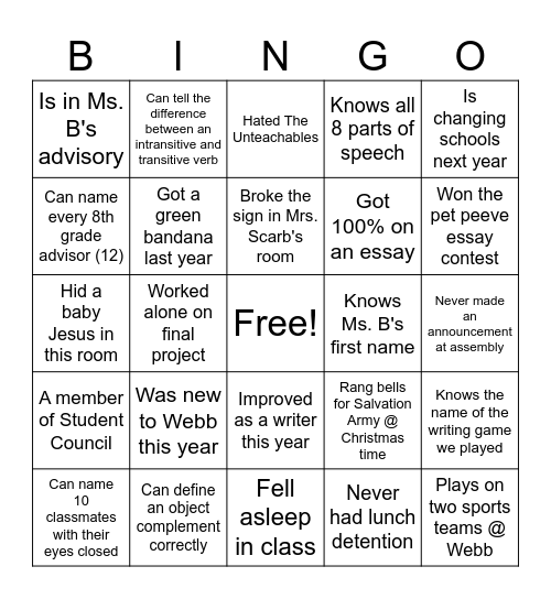 End of the Year Bingo Card