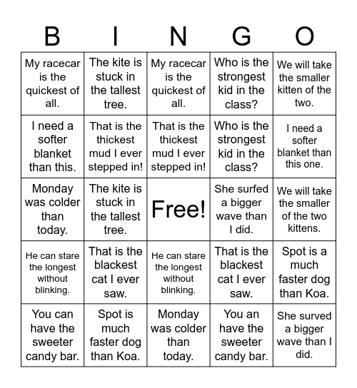 er, est Bingo Card