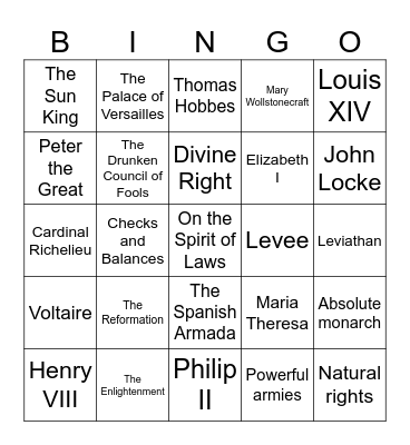 Absolute Monarchies and the Enlightenment Bingo Card