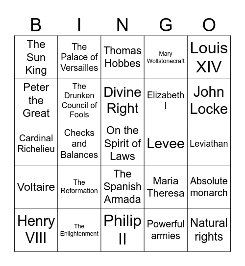 Absolute Monarchies and the Enlightenment Bingo Card