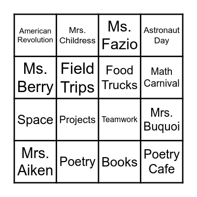 4th Grade Bingo Card