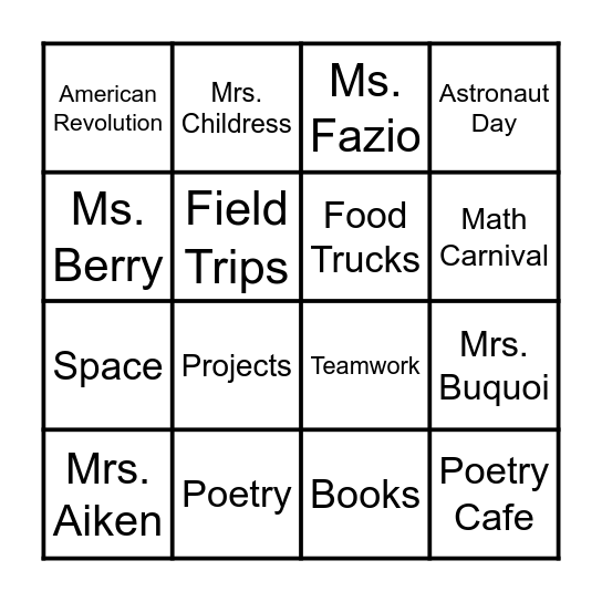 4th Grade Bingo Card