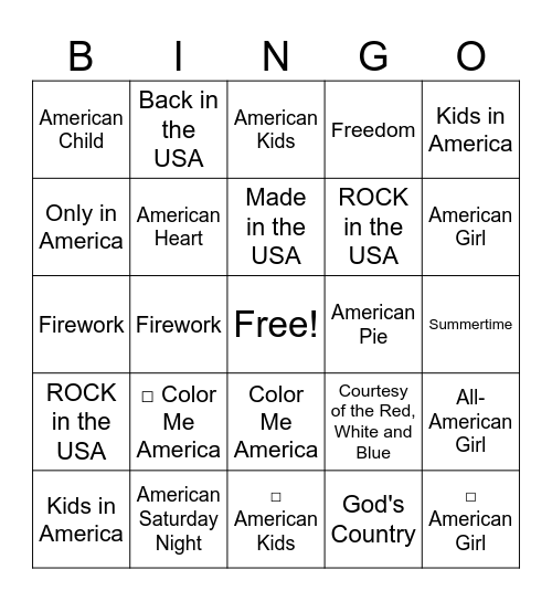 4th of July Bingo Card