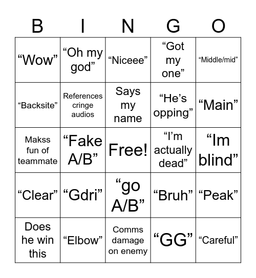 Braydon Valorant Bingo Card