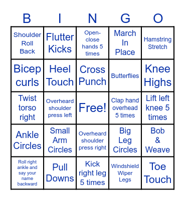 Senior Bingo Exercise Bingo Card
