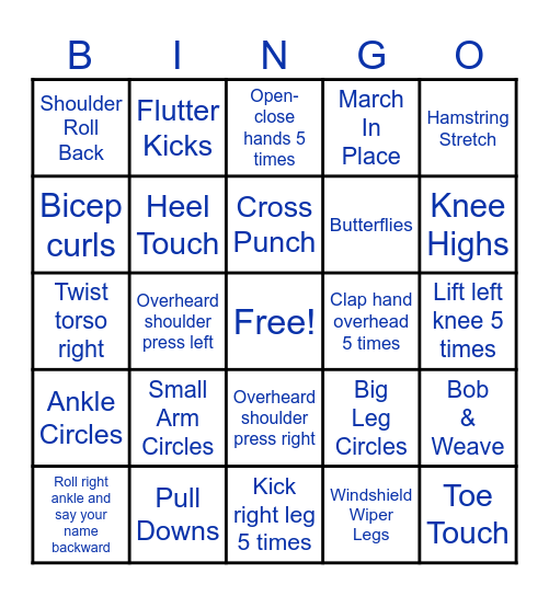Senior Bingo Exercise Bingo Card