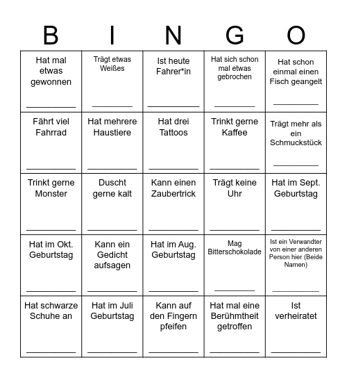 Jeder Name nur einmal pro Bingokarte Bingo Card