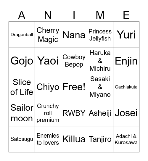 Anime Club Bingo Card