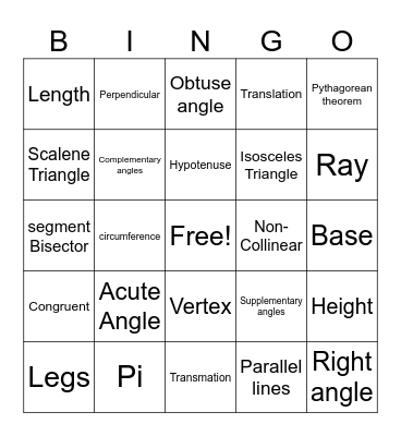 Geometry Vocabulary Bingo Card