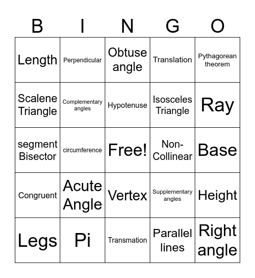 Geometry Vocabulary Bingo Card