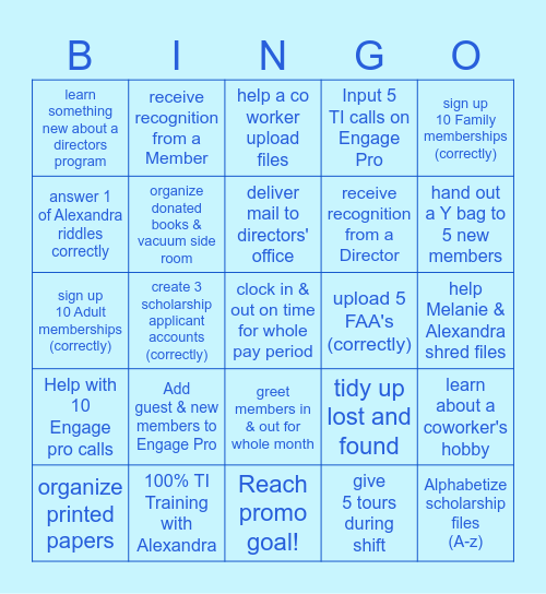 Welcome Center Bingo Card