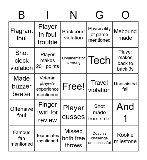 Mystics vs Wings Bingo Card