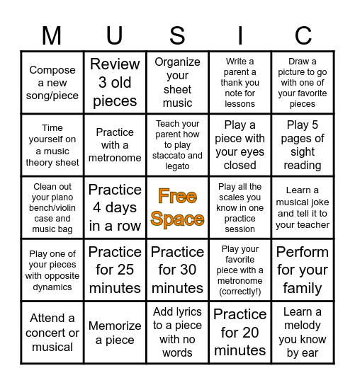 Summer Practice Bingo Card