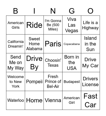 Songs about Travel Bingo Card