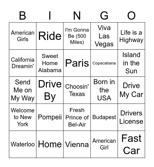 Songs about Travel Bingo Card