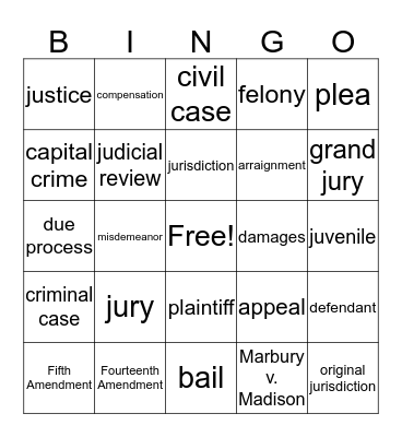 Justice Branch CE. 10 Bingo Card