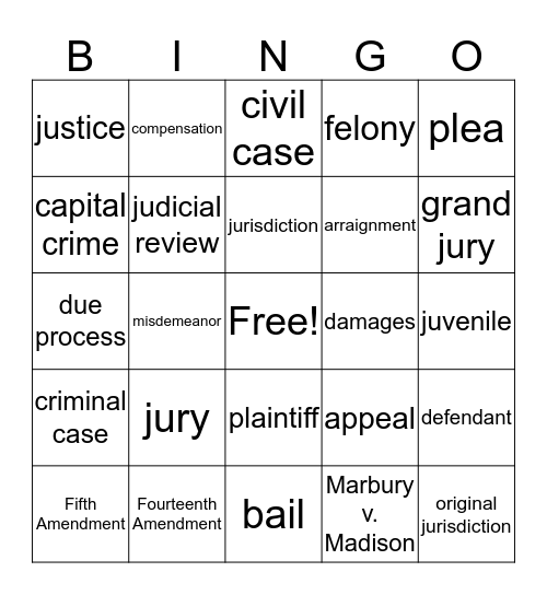 Justice Branch CE. 10 Bingo Card