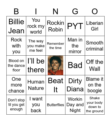 Michael Jackson Bingo Card