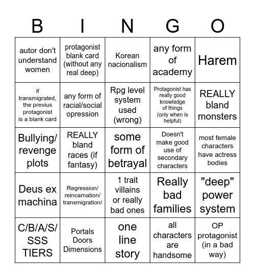 Korean Manhwa Tropes Bingo Card