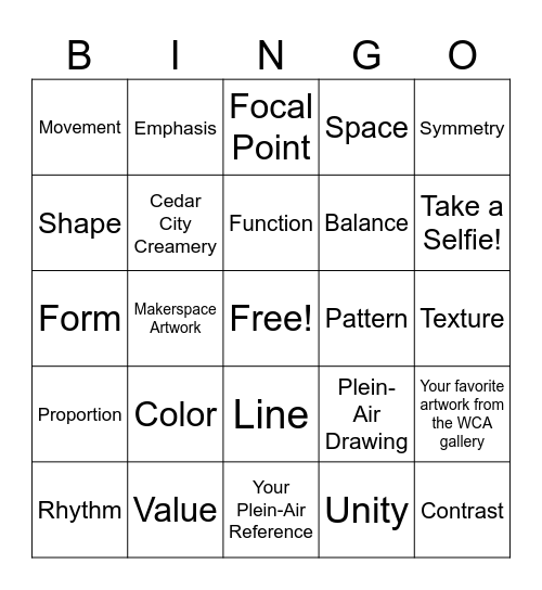 Art Field Trip BINGO Card