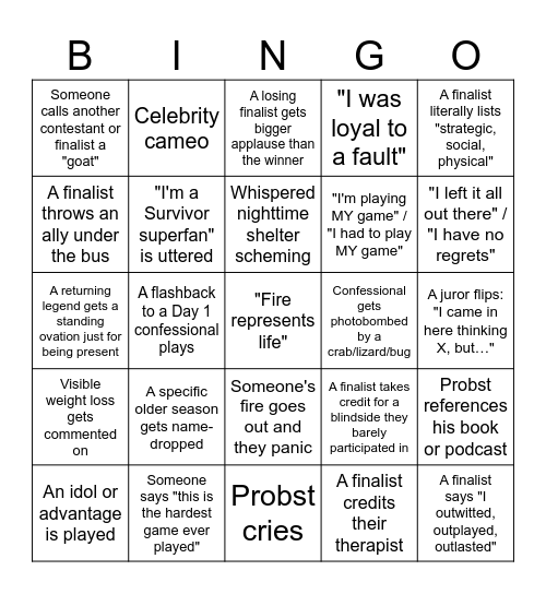 Survivor Bingo Card
