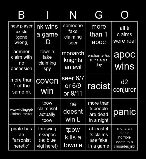 town of oops Bingo Card