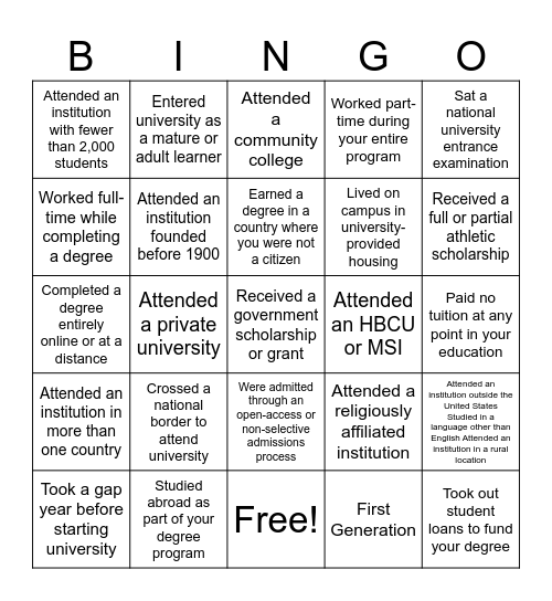 HIGHER ED BINGO Card