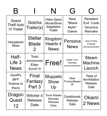 Summer Game Fest Bingo Card