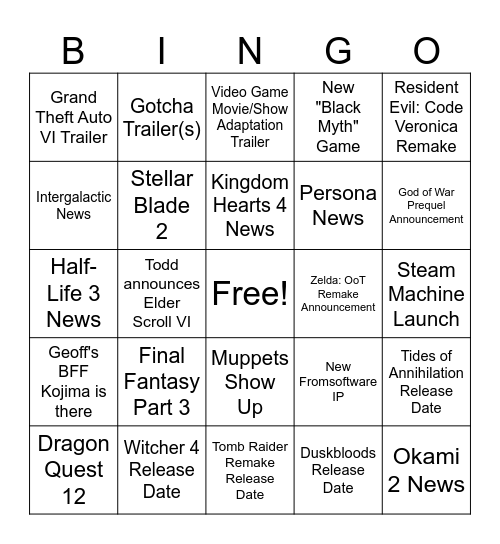 Summer Game Fest Bingo Card