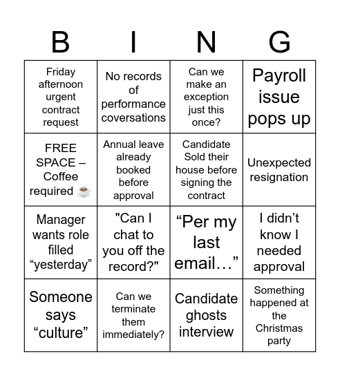 HR Survival Bingo Card