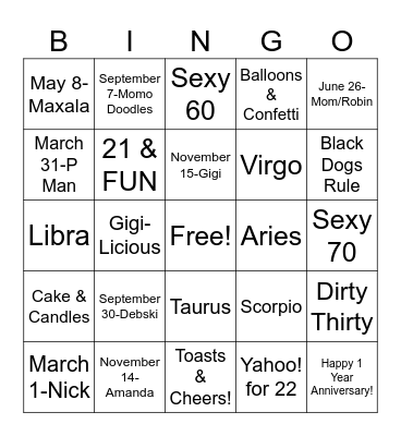 Birthday Bash Bingo Card