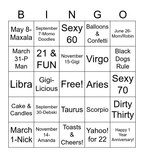 Birthday Bash Bingo Card