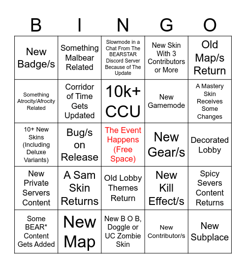 BEAR (Alpha) 7th Anniversary Event Bingo Card