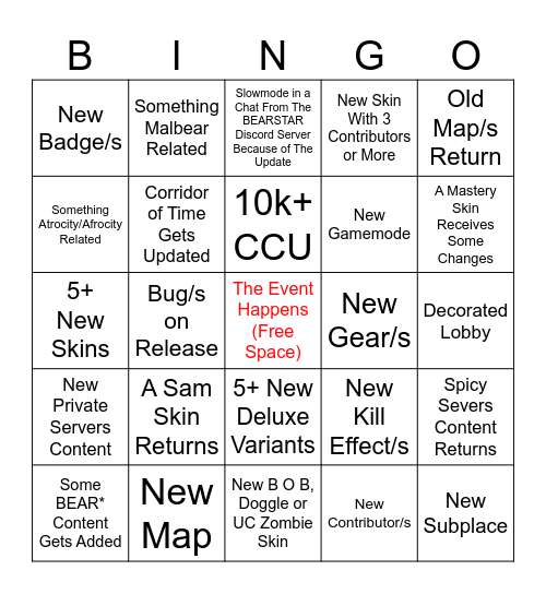 BEAR (Alpha) 7th Anniversary Event Bingo Card