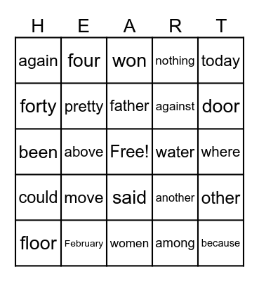 Heart Words Bingo Card
