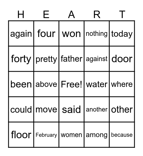 Heart Words Bingo Card