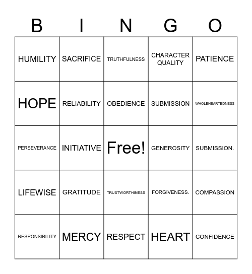 LifeWise Character Quality BINGO Card