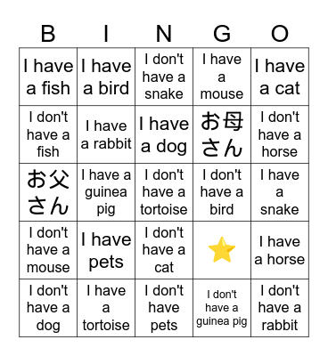Pets (I have/I don't have) Bingo Card