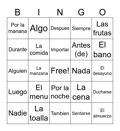 Spanish Bingo Card