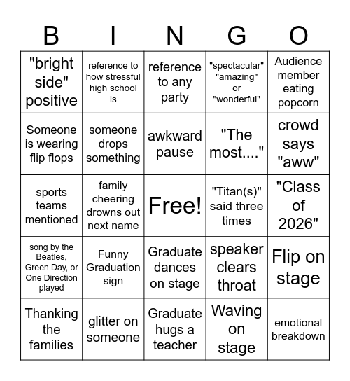 Northview Graduation Bingo Card