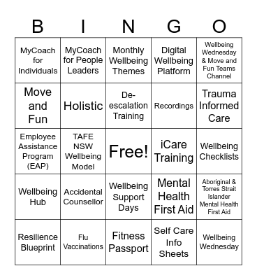 Employee Wellbeing Bingo Card