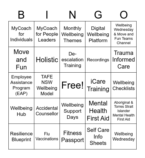Employee Wellbeing Bingo Card