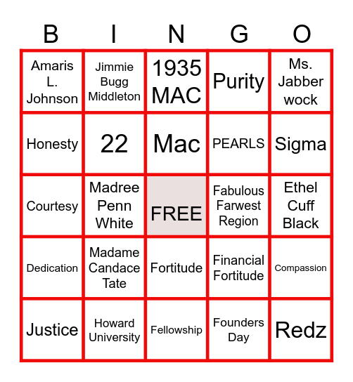 Delta Sigma Theta Sorority, Inc. Bingo Card