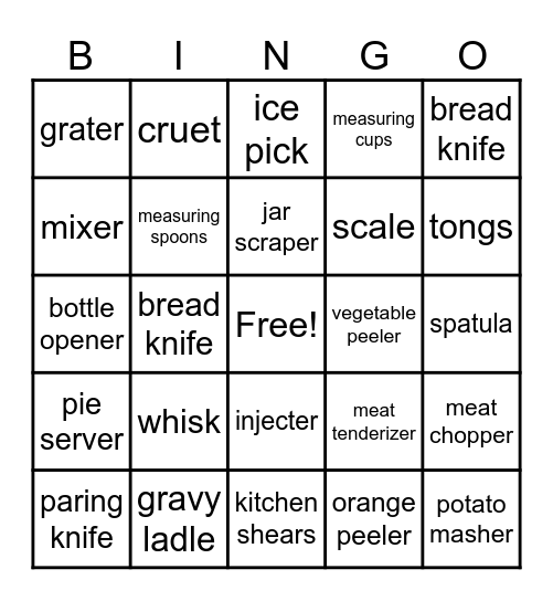 Kitchen Utensils Bingo Card